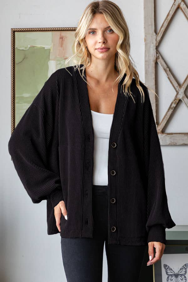 Solid Rib Drop Shoulder Button Balloon Sleeve Cardigan