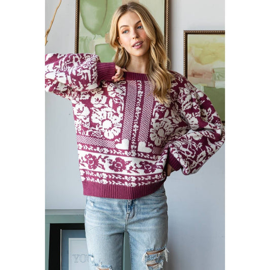 Garden Flower Knit Contrast Sweater Top  : Masala
