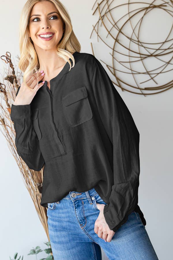 LS ROUND NECK BUTTON DOWN BLOUSE: BLUE