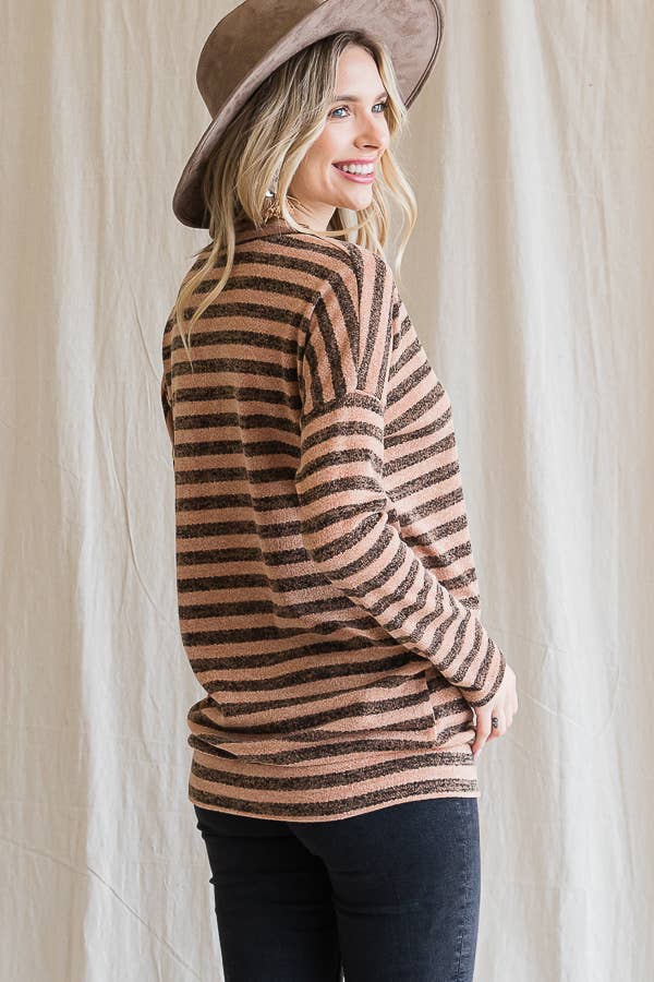 Stripe Drop Shoulder Button Long Sleeve