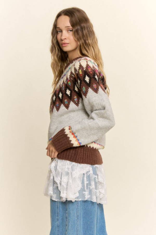 Fair Isle Yoke Crew Sweater: Grey Mocha