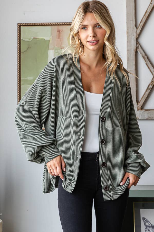 Solid Rib Drop Shoulder Button Balloon Sleeve Cardigan