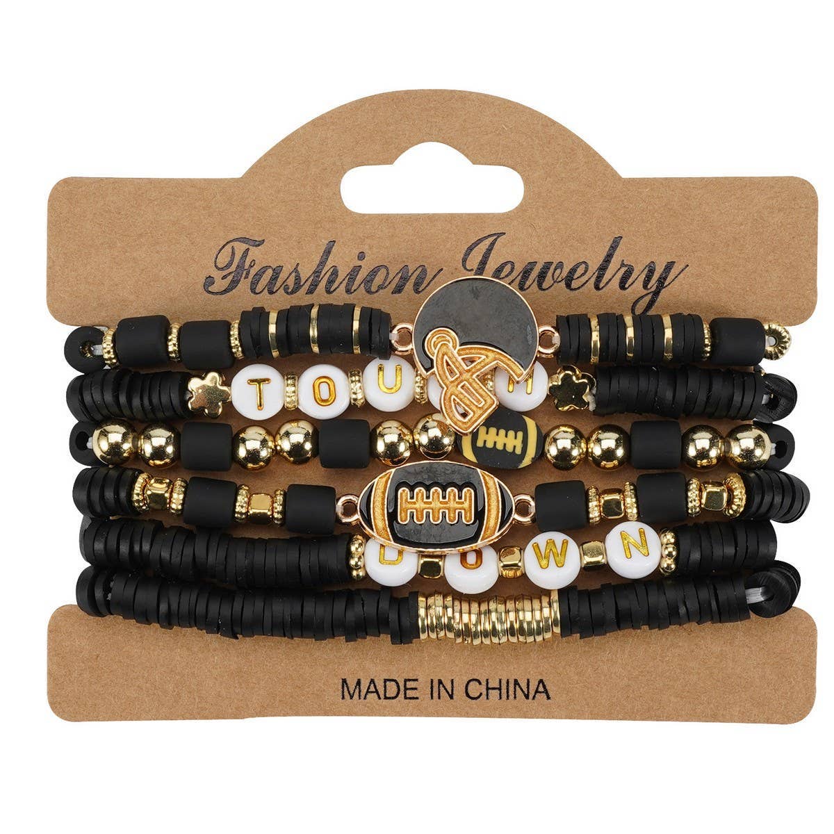 Football Game Day Beaded Elastic Bracelet: Black