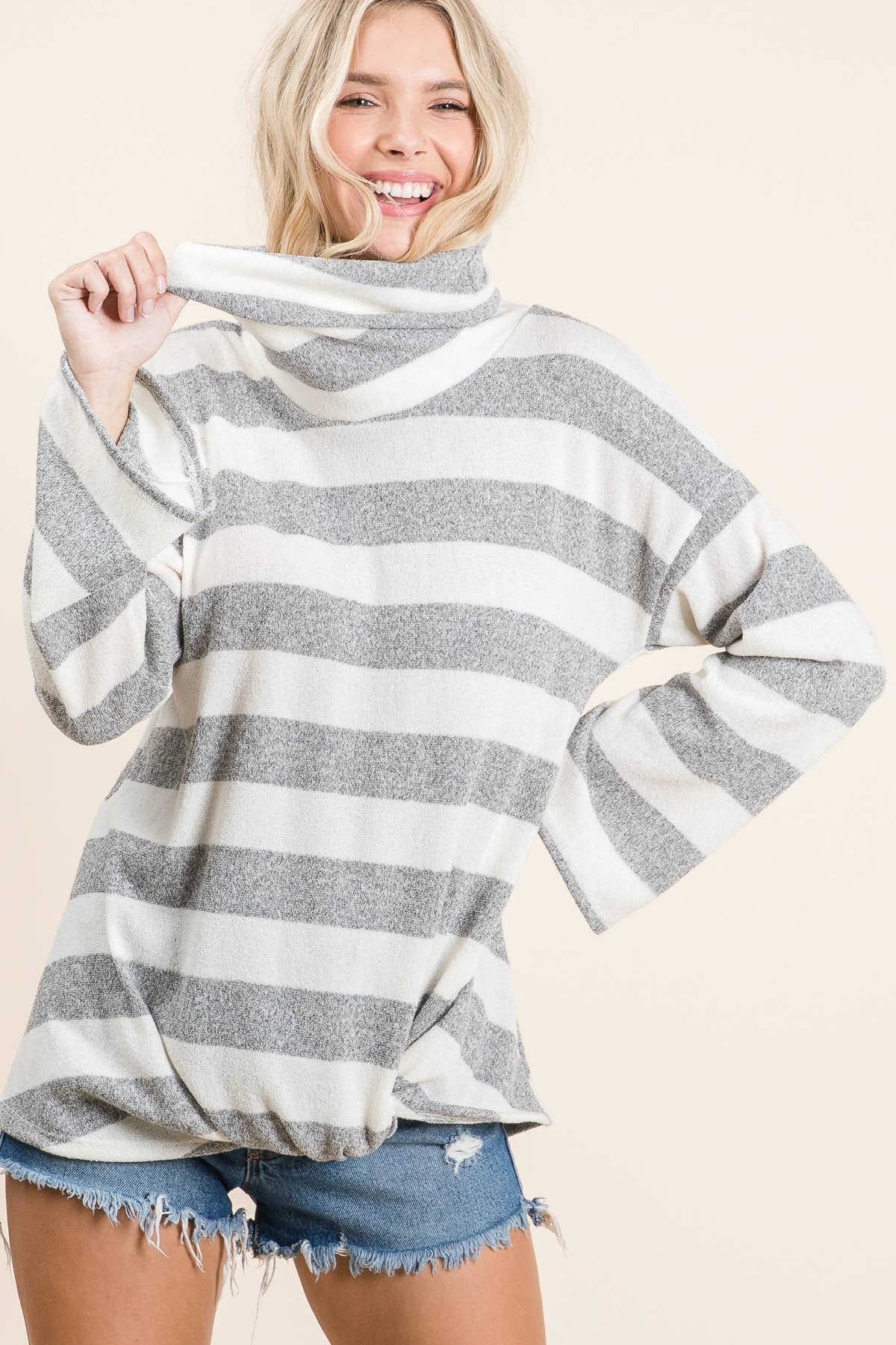Striped Funnel Neck Knit Top: Cream