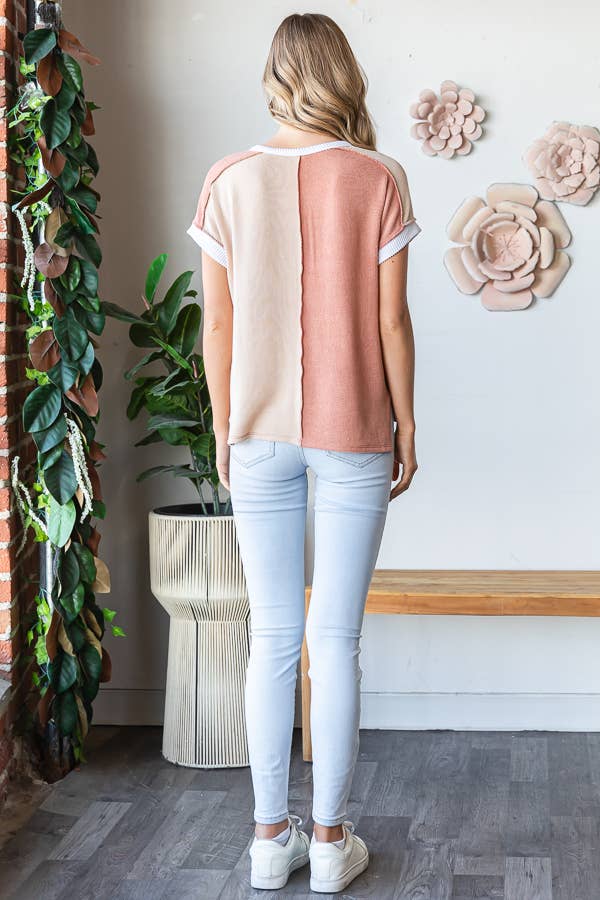 Ribbed Color Block Button  Top