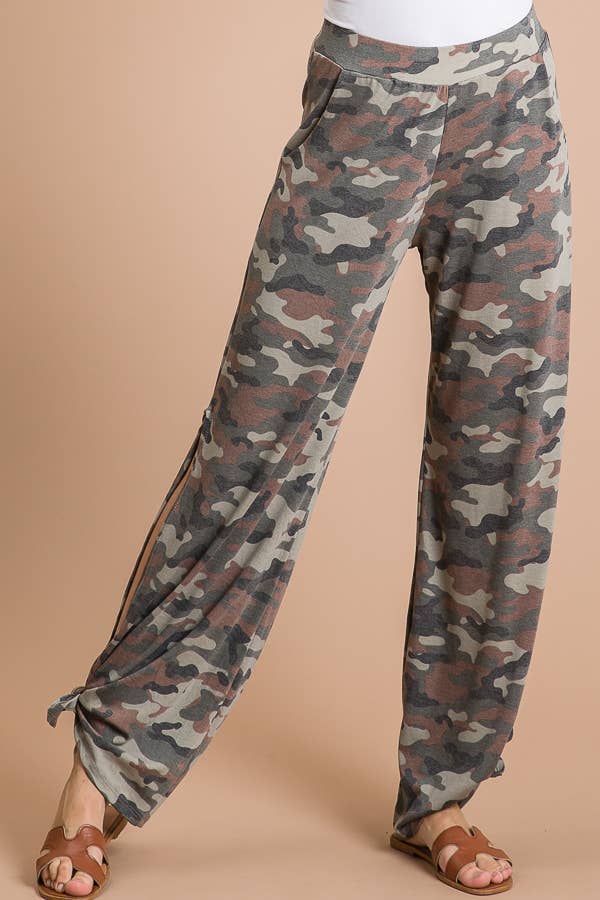 Camo Print Split Side Ankle Tie Women's Pant