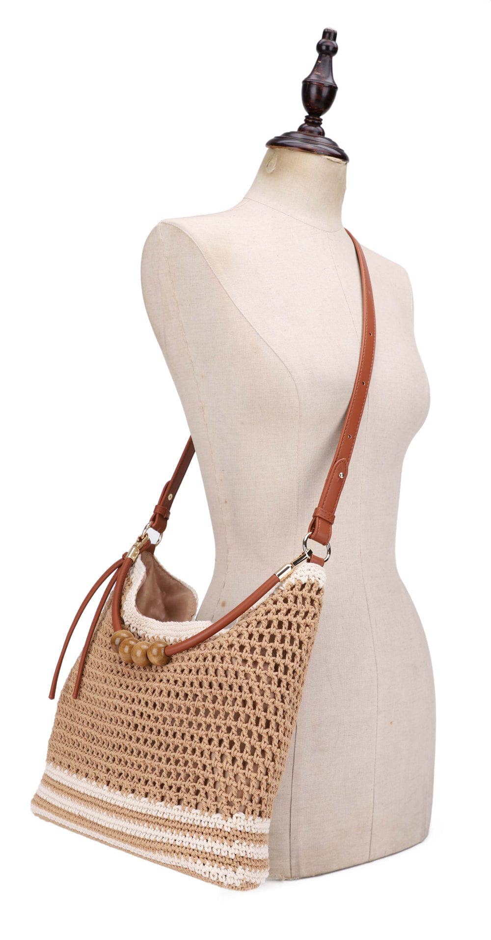 EJ60388 Elia Crochet Crossbody/Tote Bag: Beige Brown