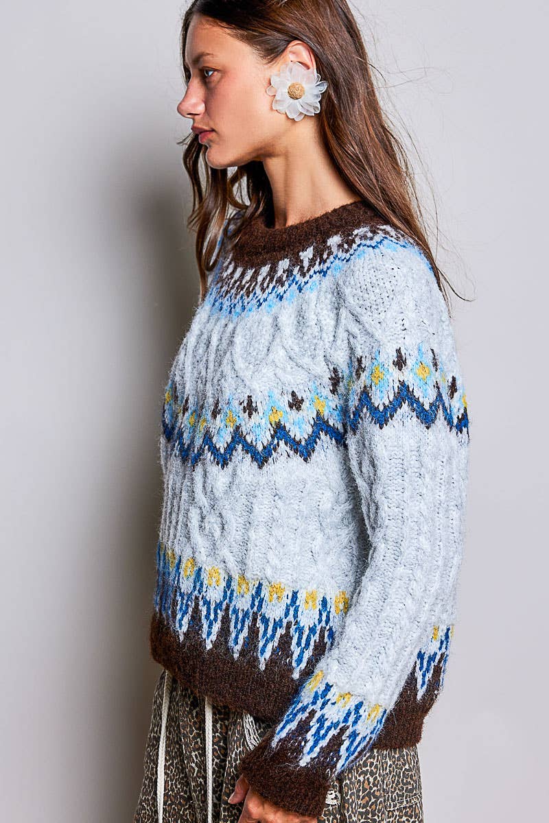 Cable Knit Ribbed Trim Sweater LIGHT GREY / OS