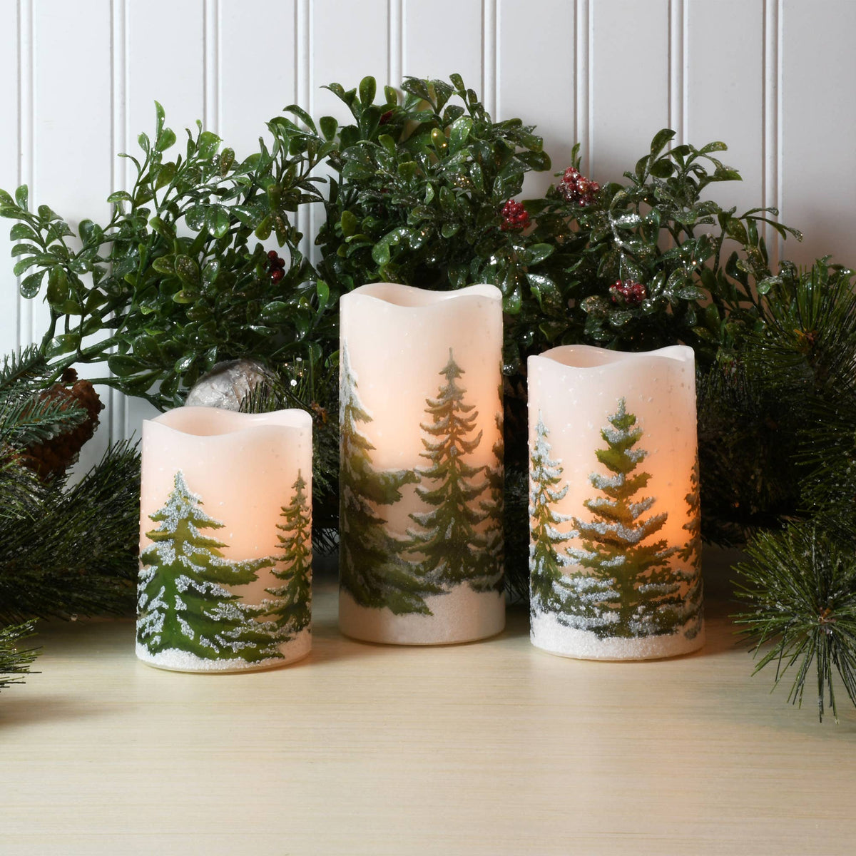 Battery Candle Green Pines - Set of 3