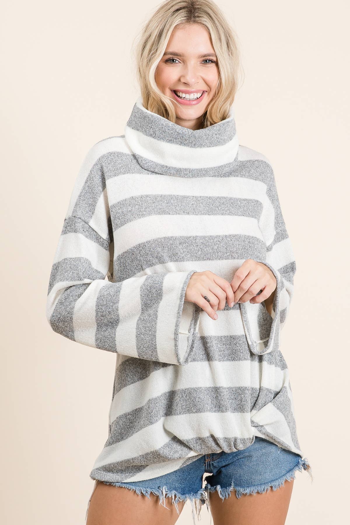 Striped Funnel Neck Knit Top: Cream