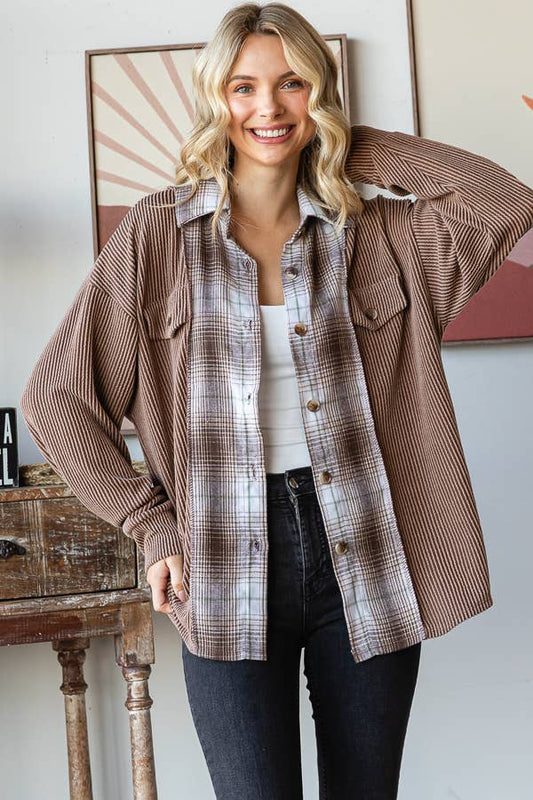 Rib Plaid Contrast Drop Shoulder Button Down Shacket