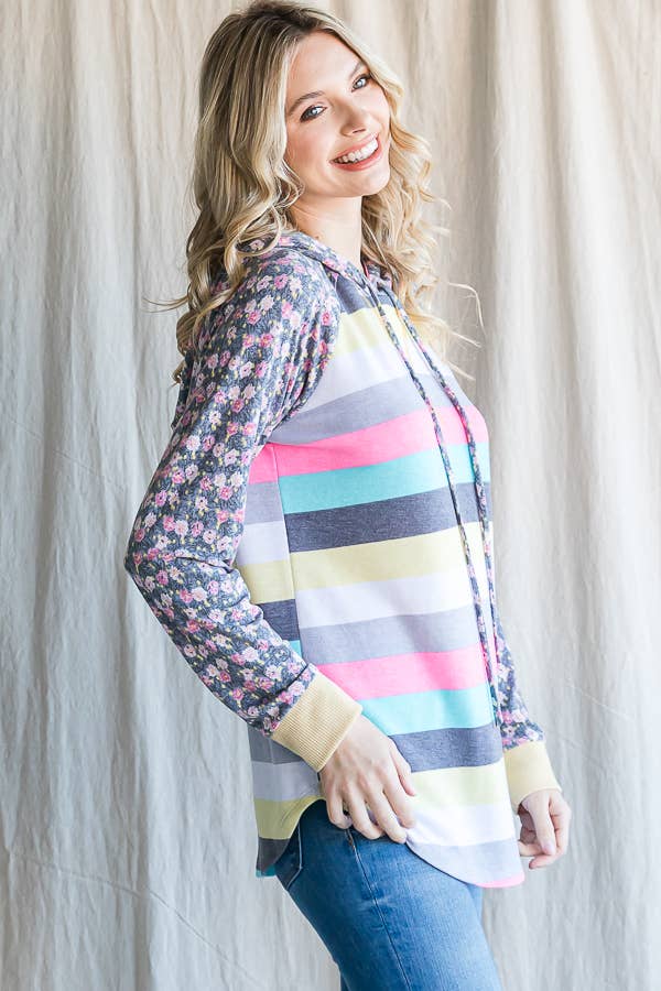 Stripe Floral Raglan Sleeve Hoodie