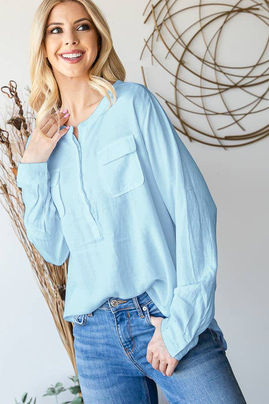 LS ROUND NECK BUTTON DOWN BLOUSE: BLUE