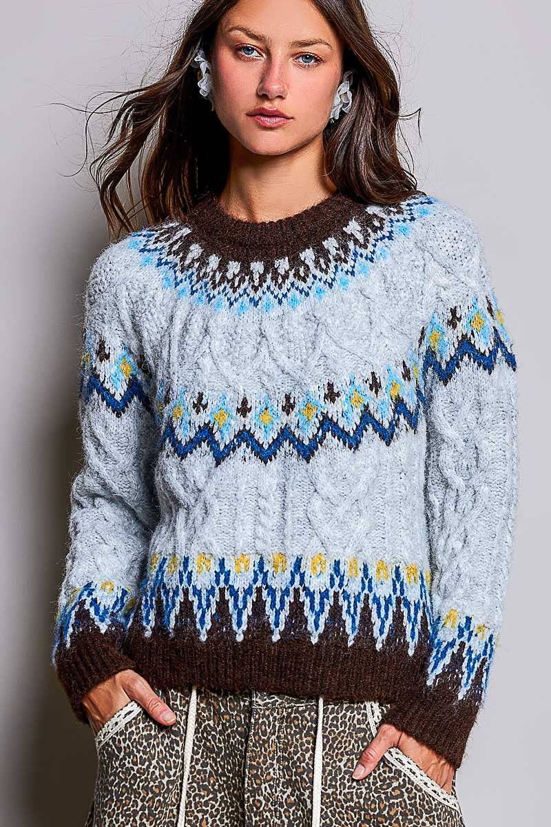 Cable Knit Ribbed Trim Sweater LIGHT GREY / OS
