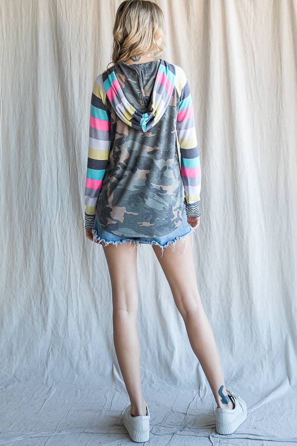 Camo Print Stripe Raglan Sleeve Hoodie