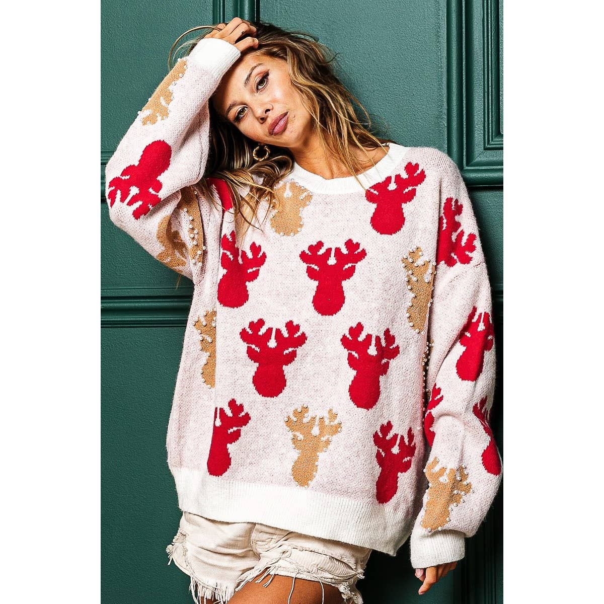 PEARL BEAD RUDOLPH CHRISTMAS SWEATER