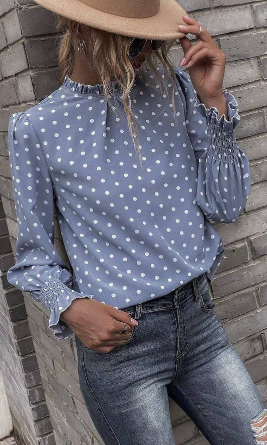 "Frances" Polka Dot Print Lantern Sleeve Blouse