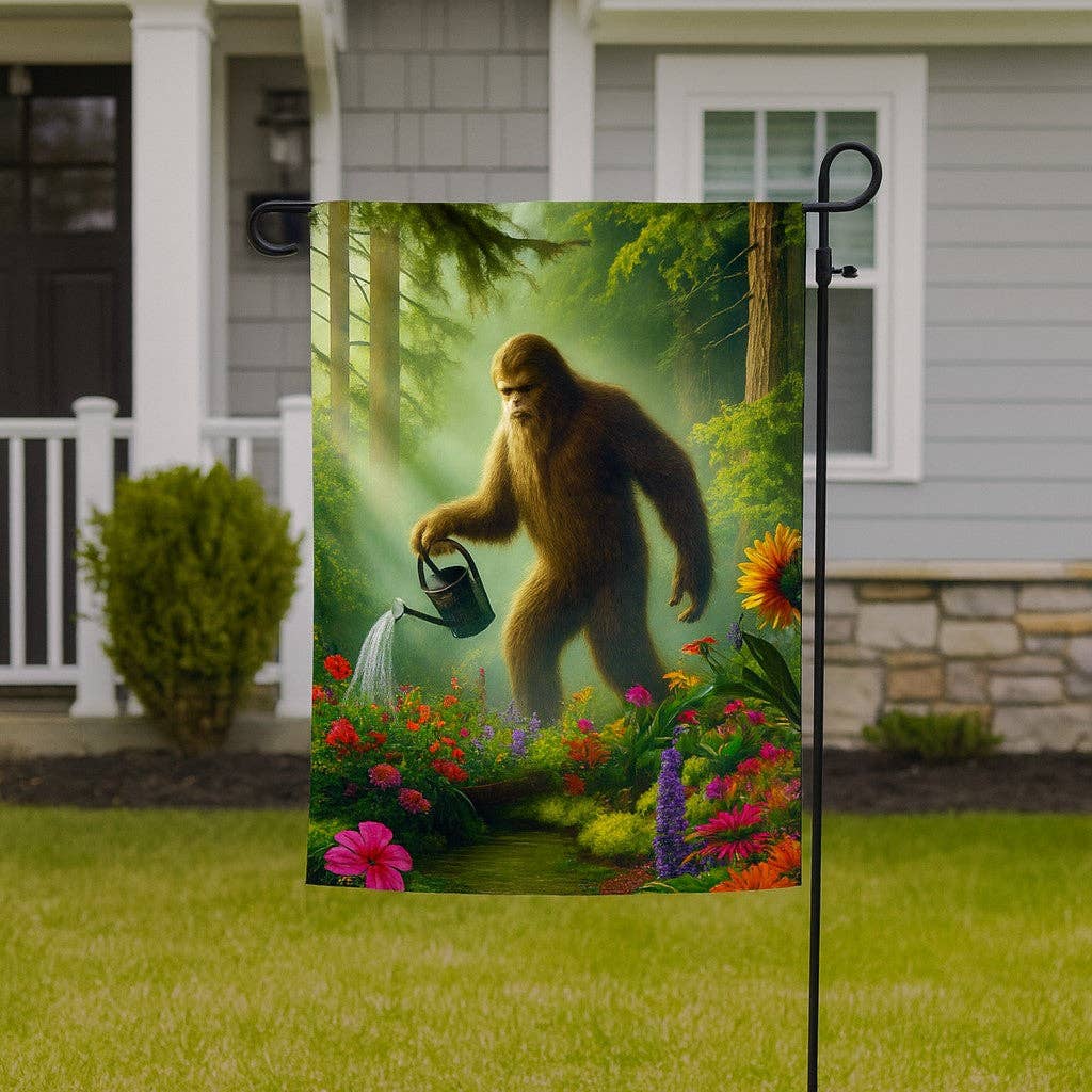 Bigfoot in the Garden Garden Flag: Garden Flag with Pole