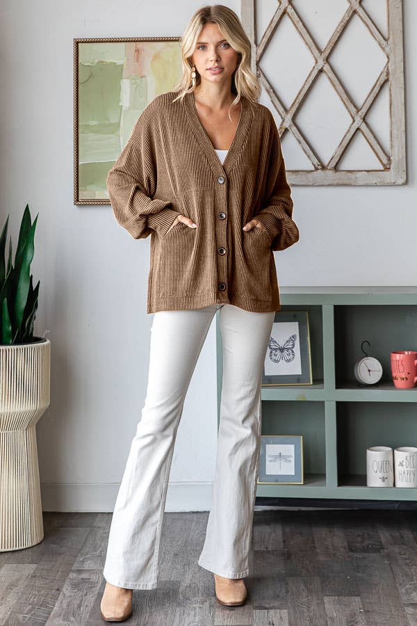 Solid Rib Drop Shoulder Button Balloon Sleeve Cardigan