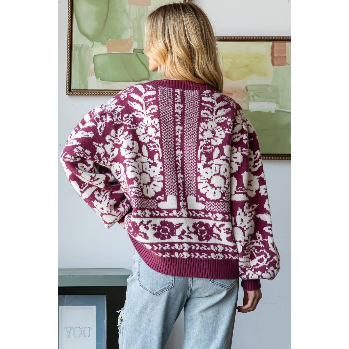 Garden Flower Knit Contrast Sweater Top  : Masala