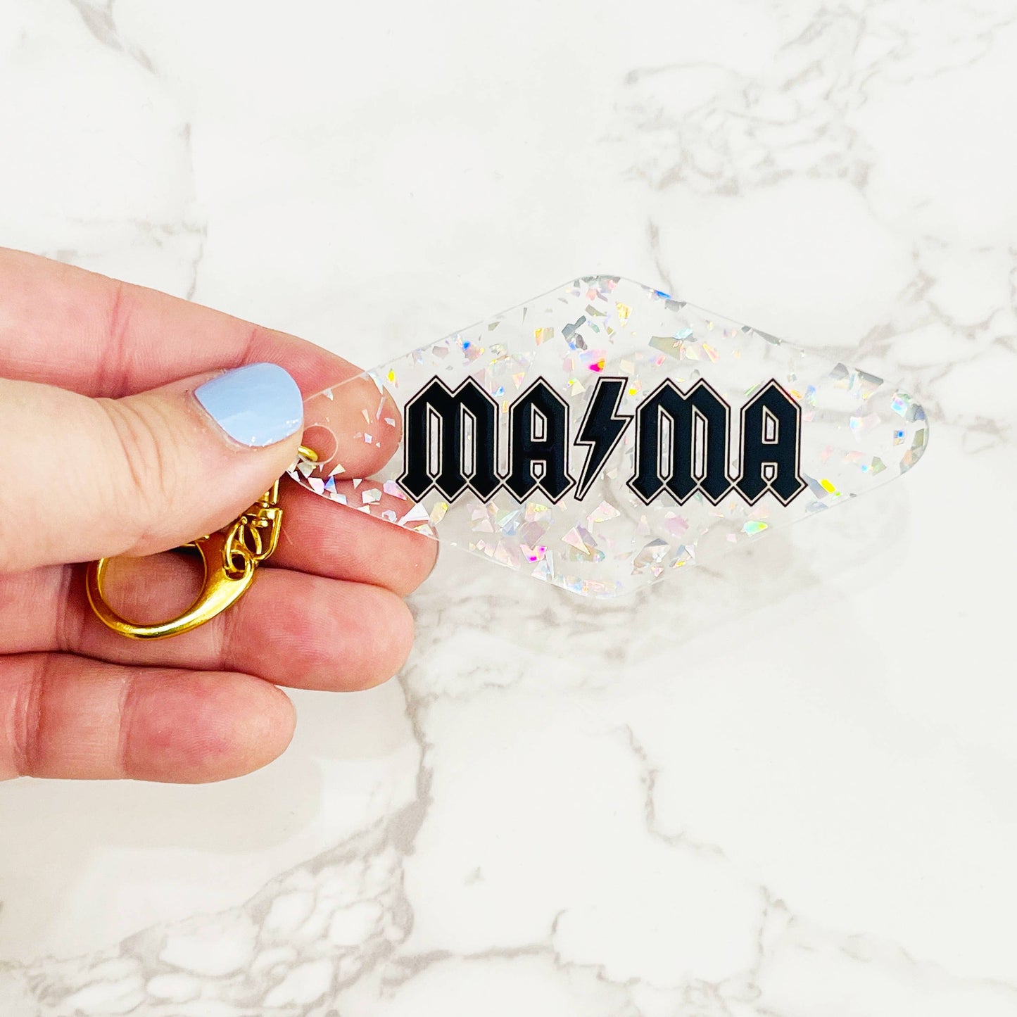 Acrylic Keychain, Mama on Clear with Silver Glitter