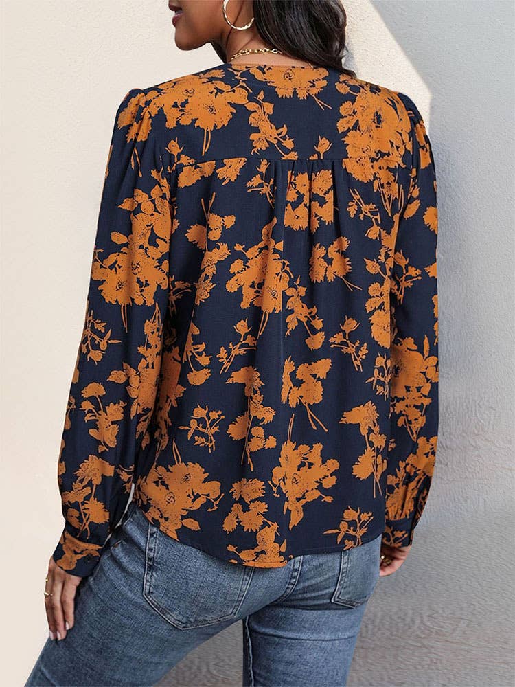 Long-sleeved Pullover Printed Shirt: Navy blue