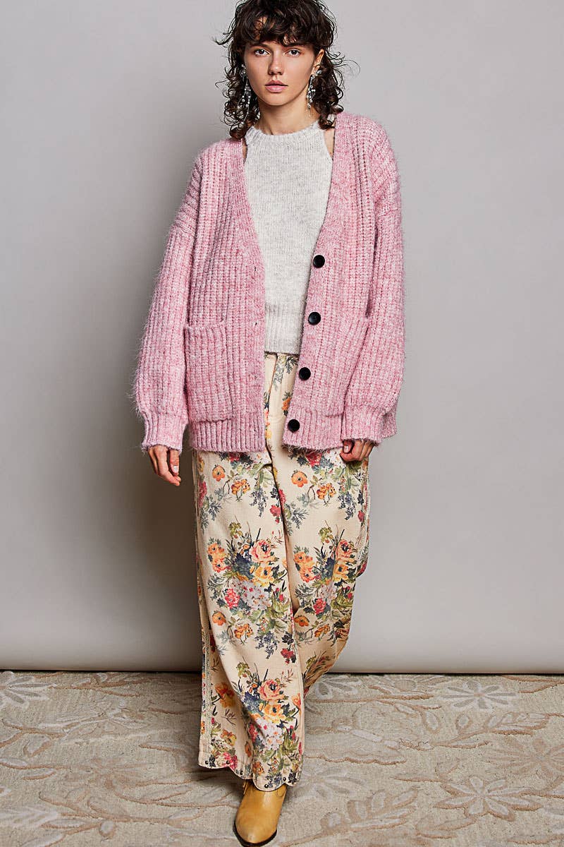 Oversized Ribbed Knit V-Neck Button Pockets Cardigan ALMOND / OS