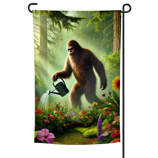 Bigfoot in the Garden Garden Flag: Garden Flag with Pole