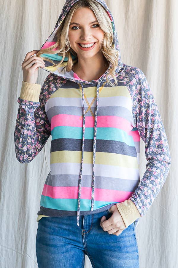 Stripe Floral Raglan Sleeve Hoodie