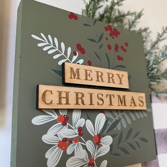 Christmas Mini Block Tiered Tray Signs: Merry Christmas Green
