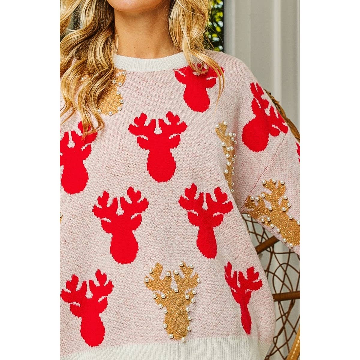 PEARL BEAD RUDOLPH CHRISTMAS SWEATER