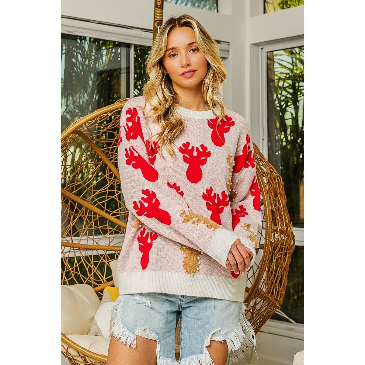 PEARL BEAD RUDOLPH CHRISTMAS SWEATER
