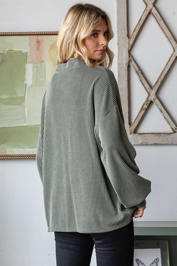 Solid Rib Drop Shoulder Button Balloon Sleeve Cardigan