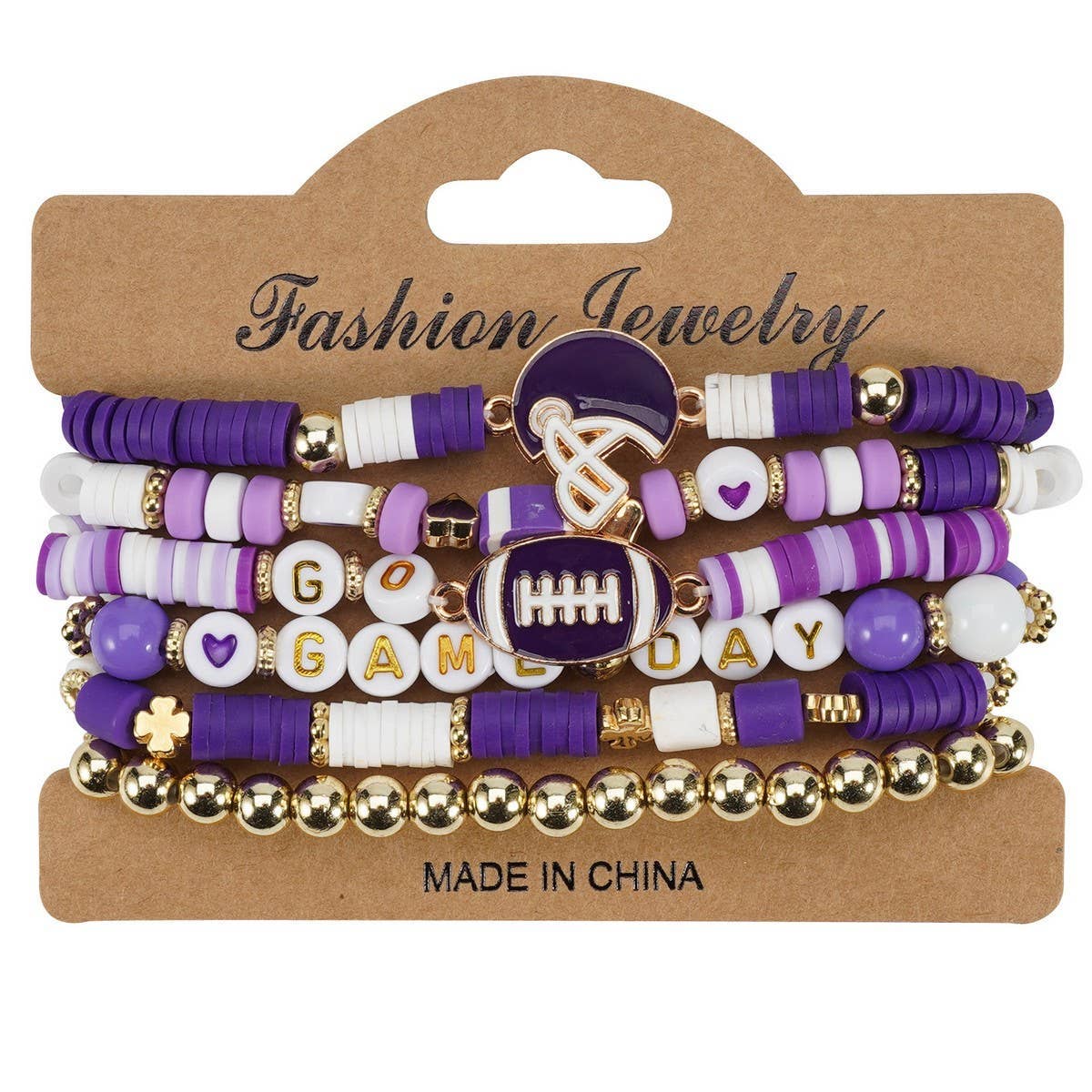 Football Game Day Beaded Elastic Bracelet: Purple