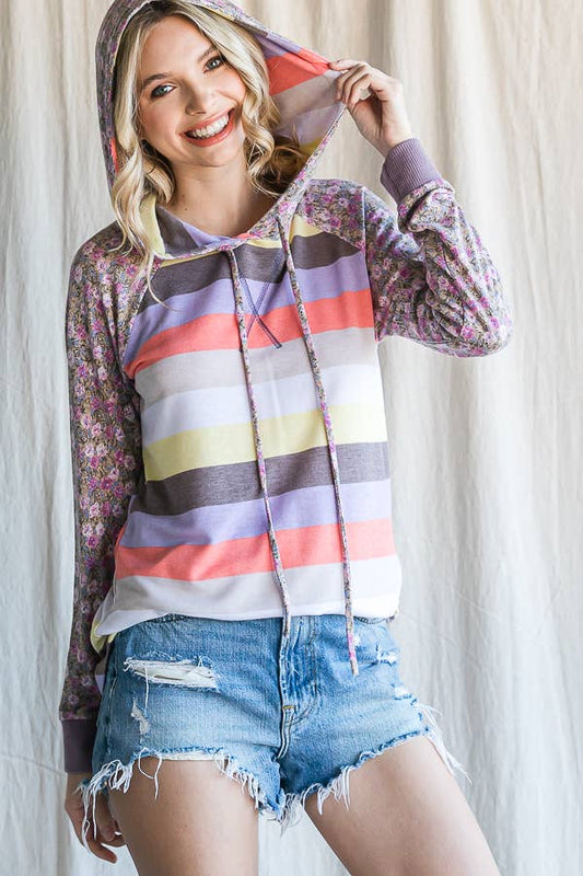 Stripe Floral Raglan Sleeve Hoodie