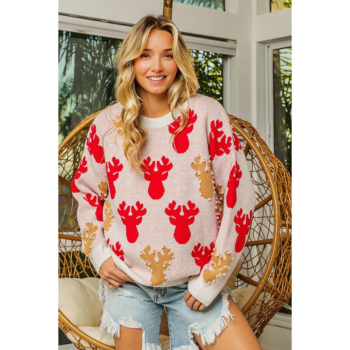 PEARL BEAD RUDOLPH CHRISTMAS SWEATER