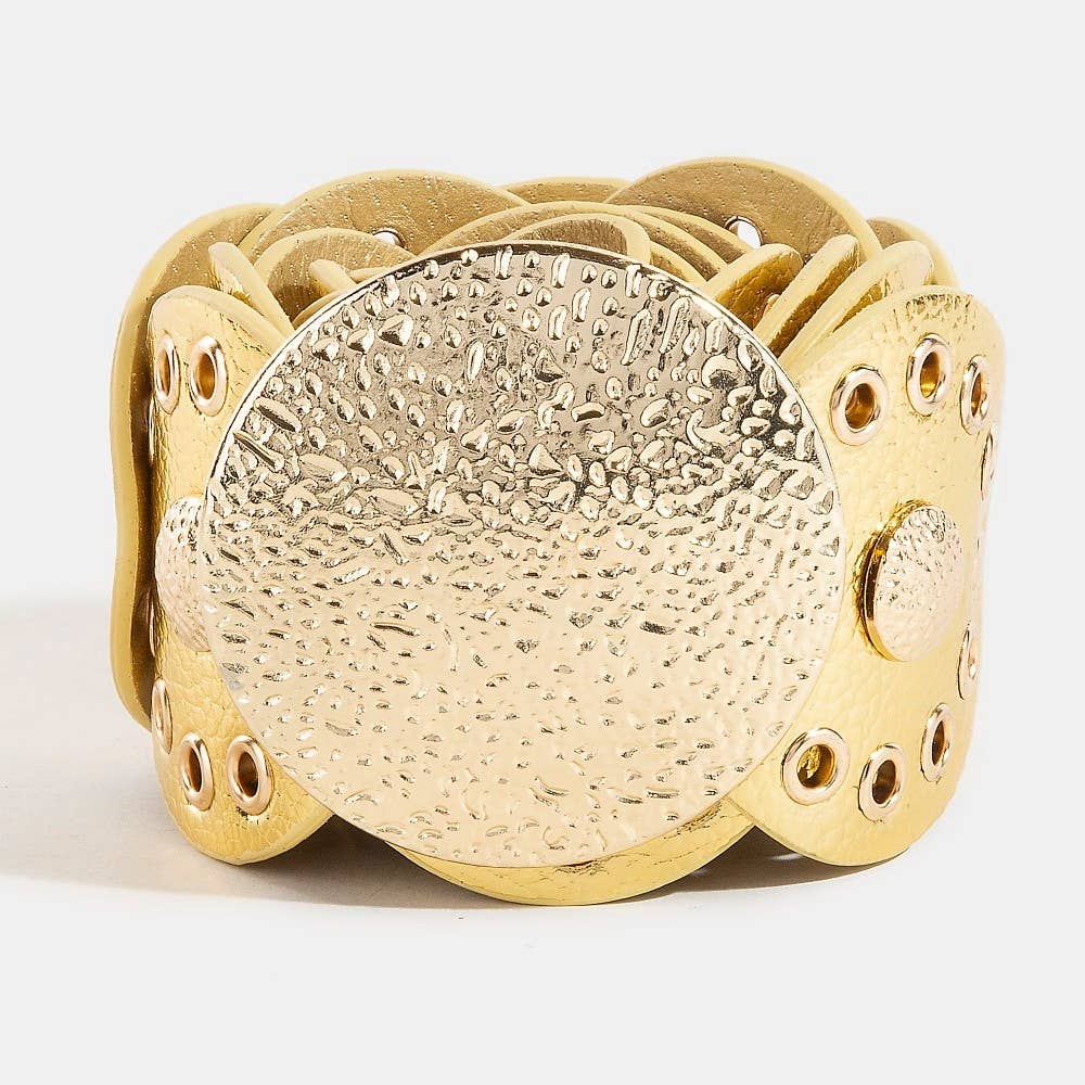 Hammered Disc Accent Panel Link Vegan Leather Belt