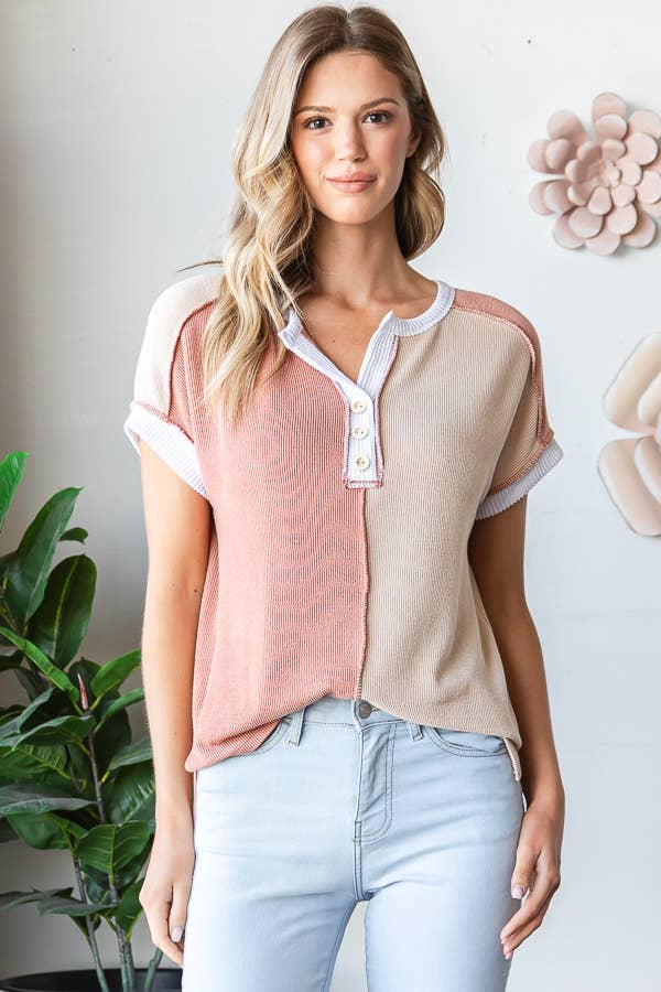 Ribbed Color Block Button  Top