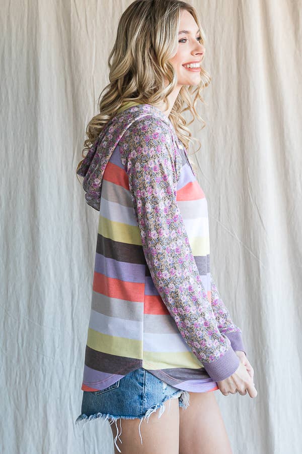 Stripe Floral Raglan Sleeve Hoodie