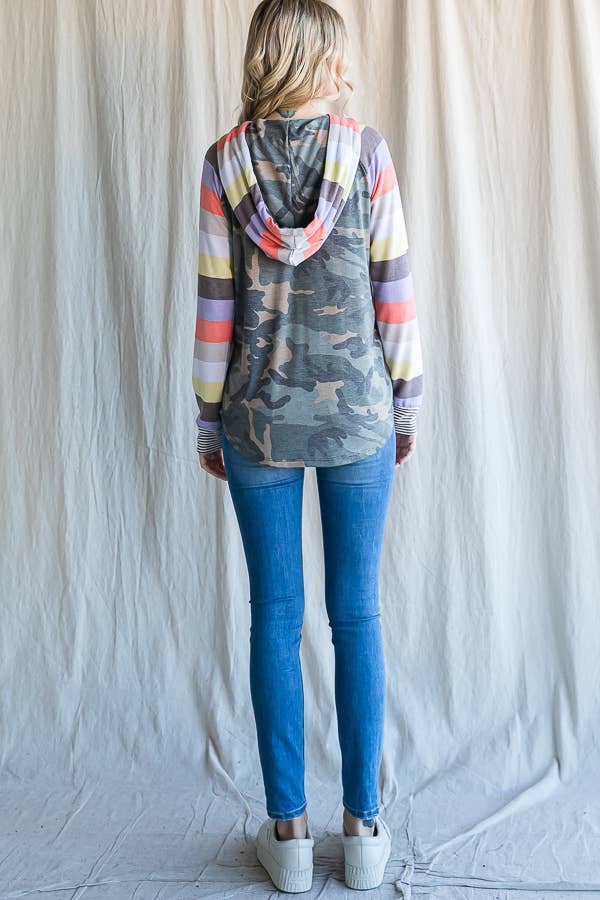 Camo Print Stripe Raglan Sleeve Hoodie