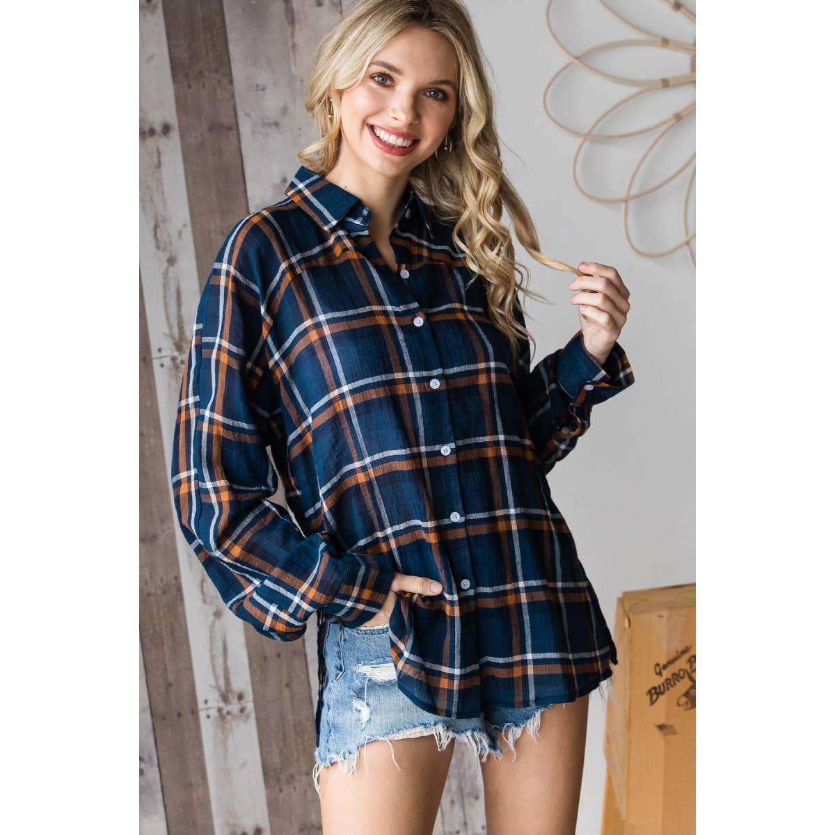Boyfriend Button Down Plaid Shirt: Navy
