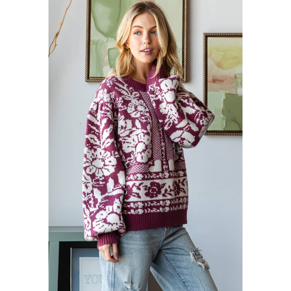 Garden Flower Knit Contrast Sweater Top  : Masala