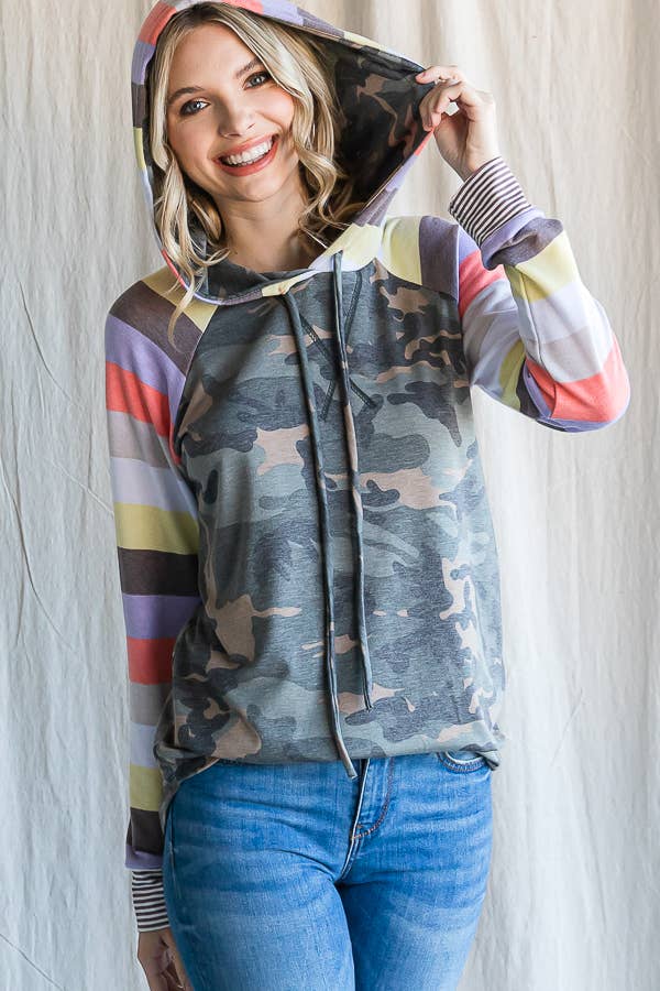 Camo Print Stripe Raglan Sleeve Hoodie