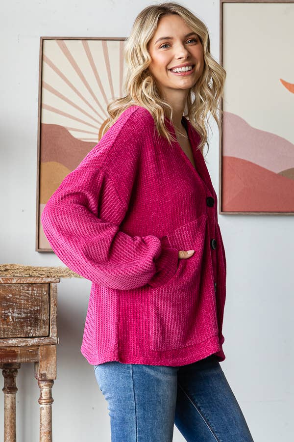 Chenille Drop Shoulder Button Front Cardigan