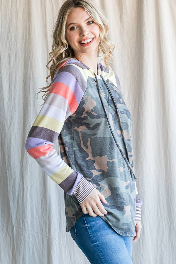 Camo Print Stripe Raglan Sleeve Hoodie