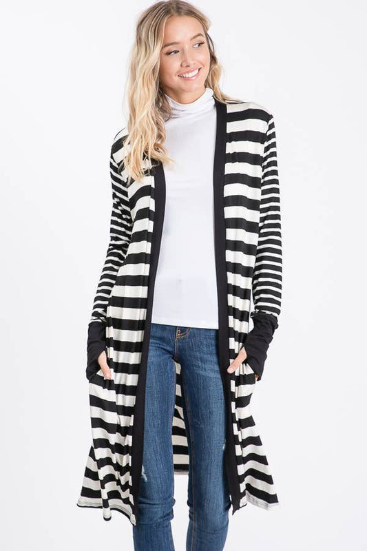 Striped Open front Thumbhole Maxi Cardigan