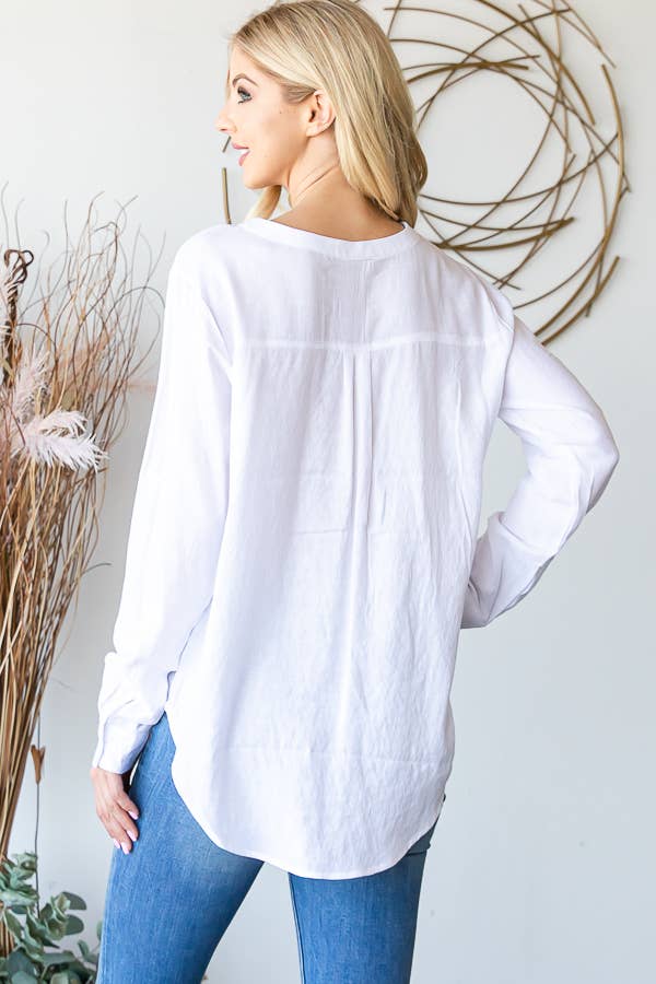 LS ROUND NECK BUTTON DOWN BLOUSE: BLUE