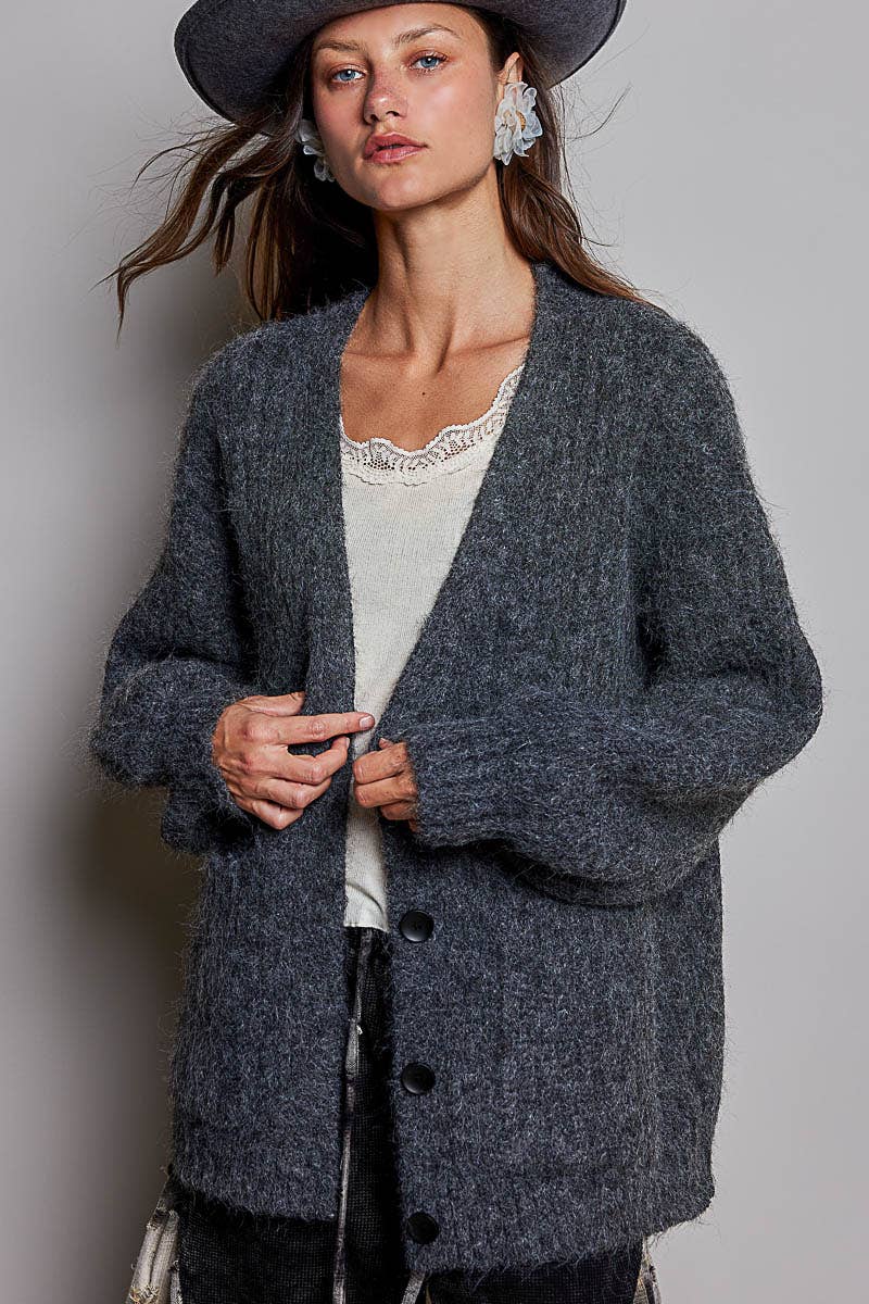 Oversized Ribbed Knit V-Neck Button Pockets Cardigan ALMOND / OS