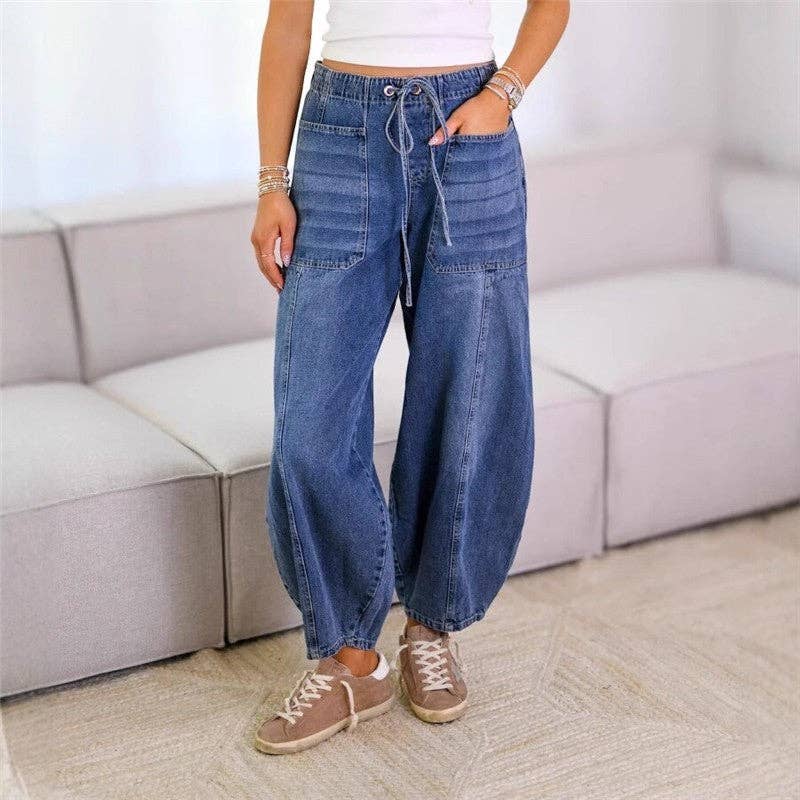 Elastic Waist Drawstring Jeans: BABY BLUE