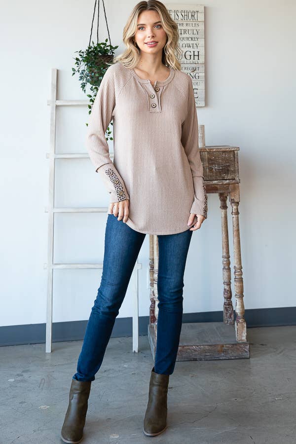 Solid Rib Button Detail Cuff Long Sleeve
